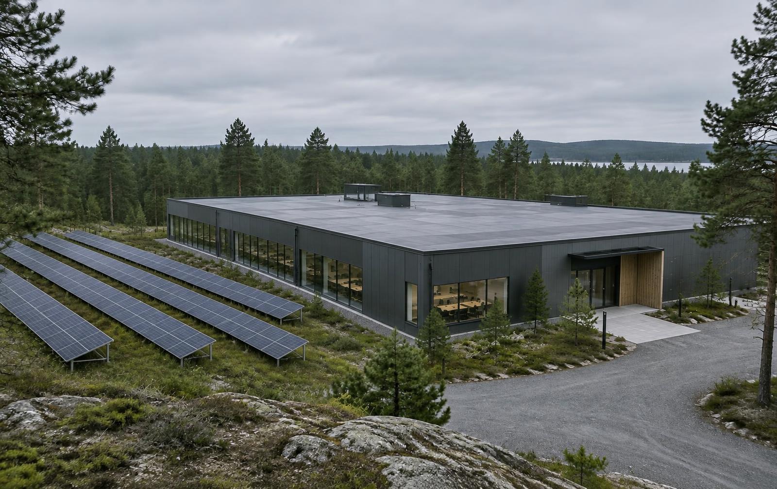 Fabriksbyggnad omgiven av skog med en egen solcellspark i anslutning till anläggningen